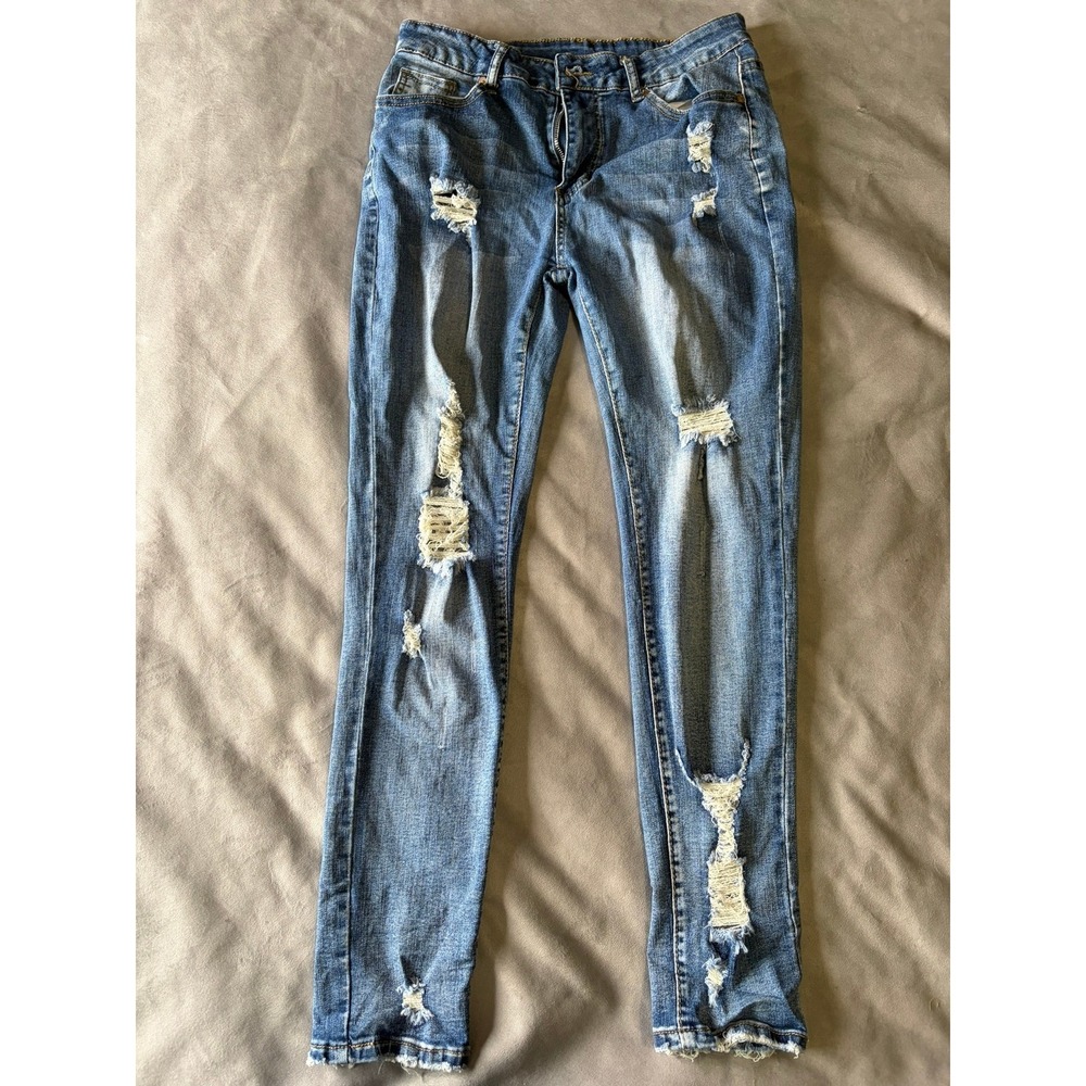 KUNMI Distressed Skinny Jeans Blue Ripped Denim XL Stretch Frayed Hem